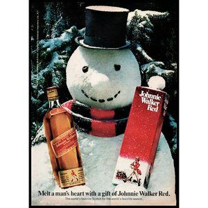1974 Johnnie Walker Red Label Scotch Vintage Print Ad Snowman Winter Snow Decor